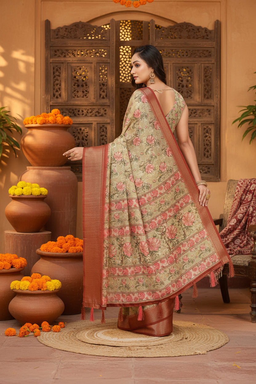 Women's Cotton Silk Floral Printed Saree With Unstitched Blouse 5.5Mtr (Gold)