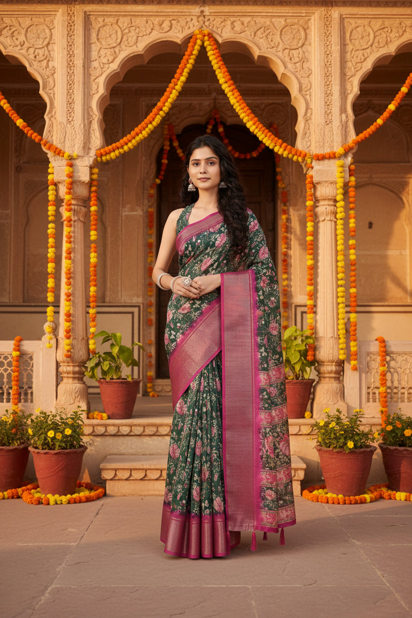 Women's Cotton Silk Floral Printed Saree With Unstitched Blouse 5.5Mtr (Green)