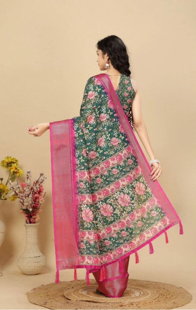 Women's Cotton Silk Floral Printed Saree With Unstitched Blouse 5.5Mtr (Green)