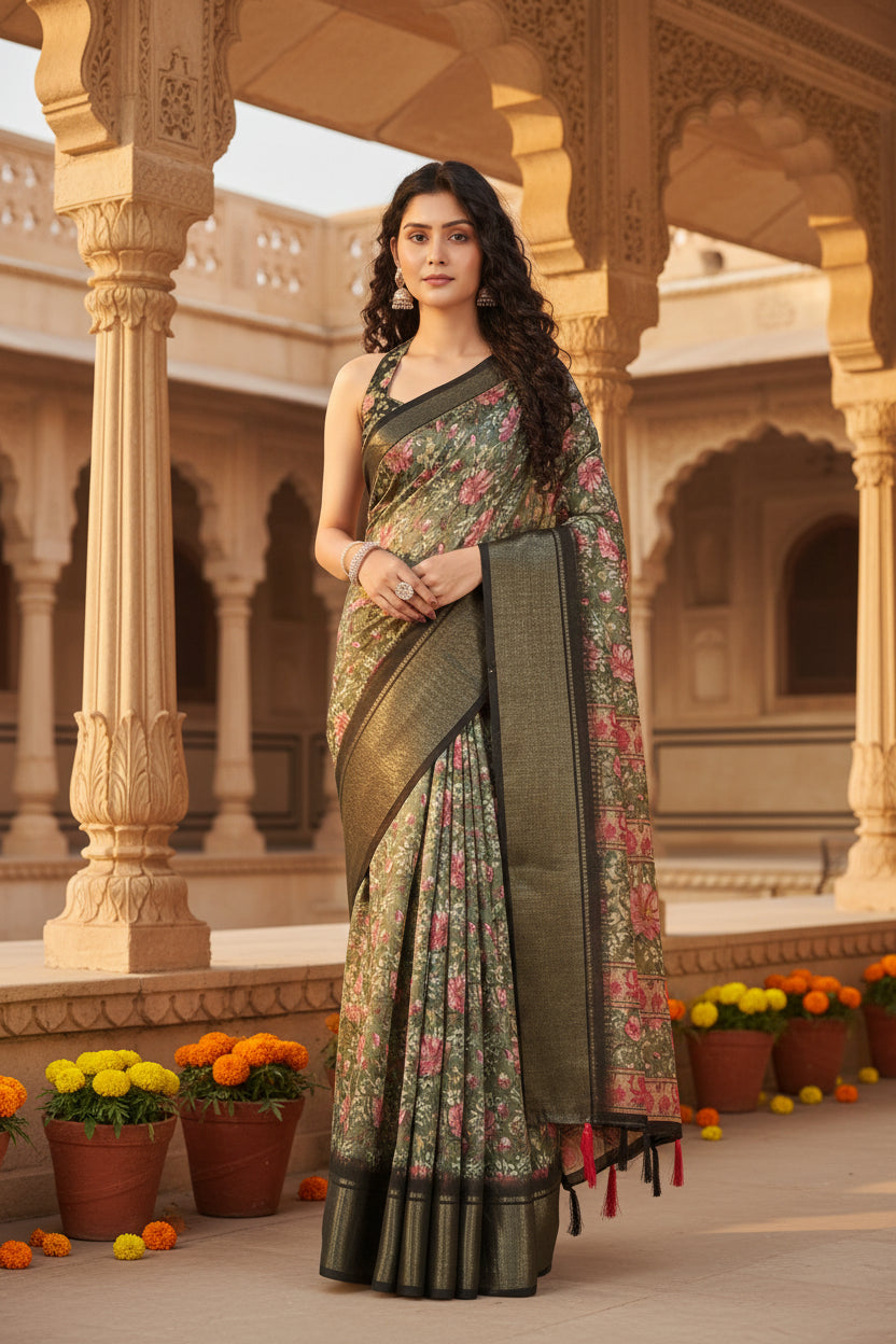 Women's Cotton Silk Floral Printed Saree With Unstitched Blouse 5.5Mtr (Grey)