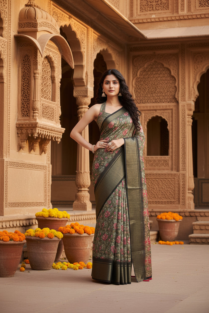 Women's Cotton Silk Floral Printed Saree With Unstitched Blouse 5.5Mtr (Grey)