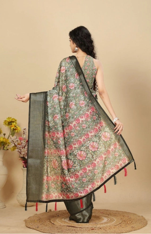 Women's Cotton Silk Floral Printed Saree With Unstitched Blouse 5.5Mtr (Grey)