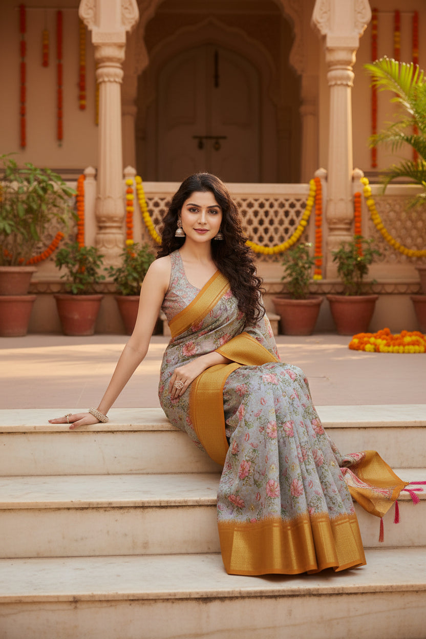 Women's Cotton Silk Floral Printed Saree With Unstitched Blouse 5.5Mtr (Lavender)