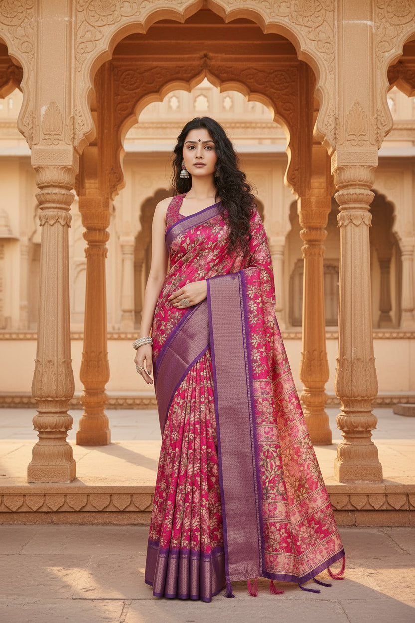Women's Cotton Silk Floral Printed Saree With Unstitched Blouse 5.5Mtr (Pink)