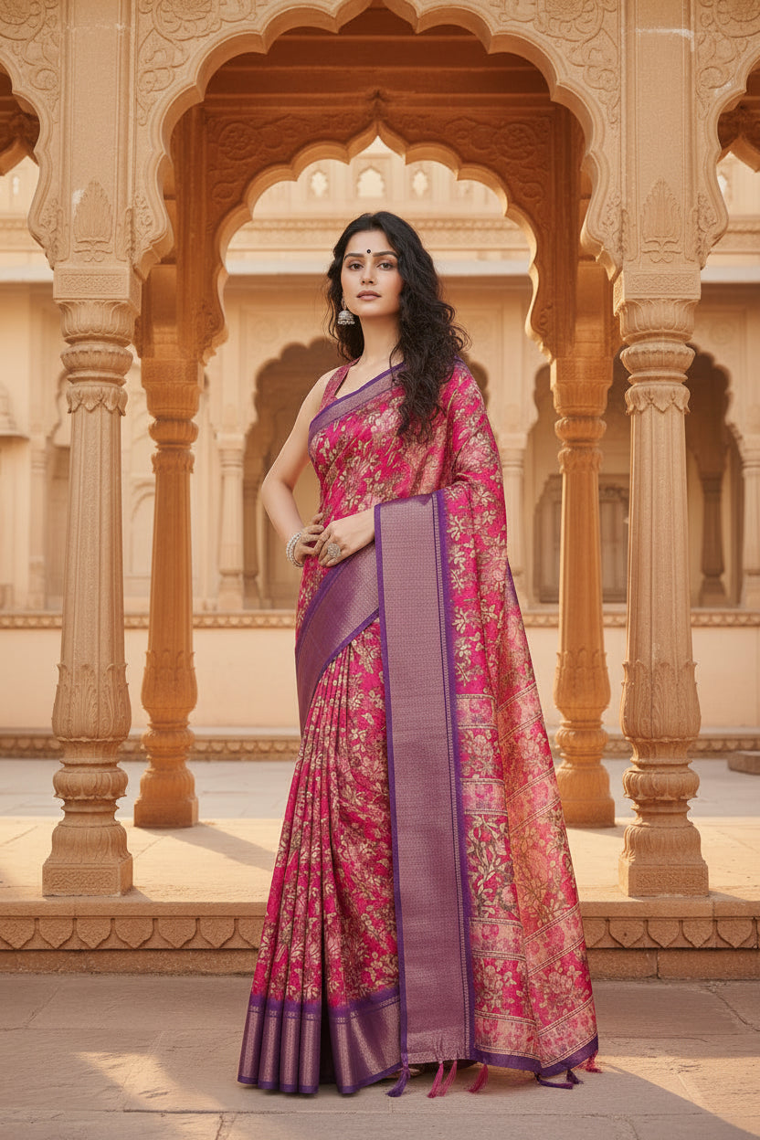 Women's Cotton Silk Floral Printed Saree With Unstitched Blouse 5.5Mtr (Pink)