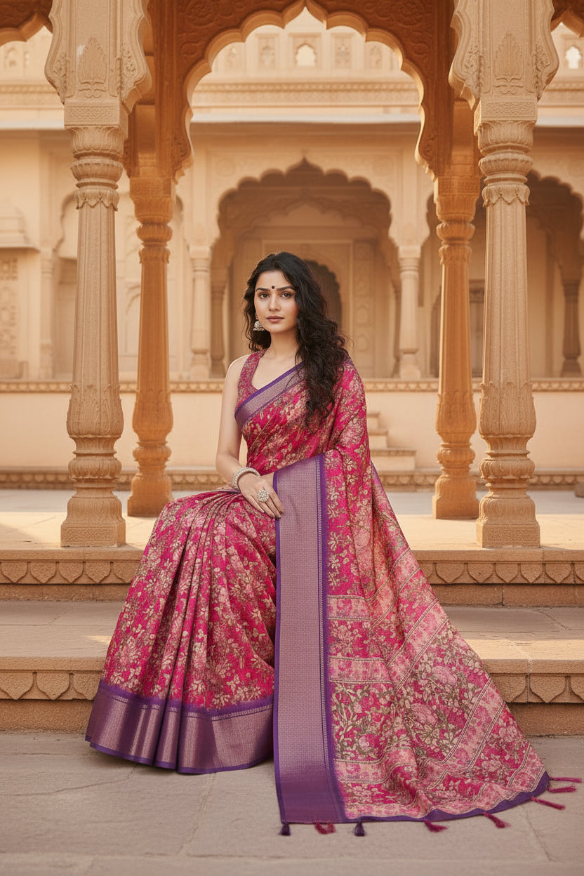 Women's Cotton Silk Floral Printed Saree With Unstitched Blouse 5.5Mtr (Pink)