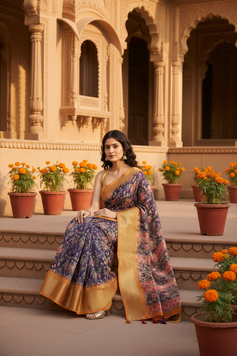 Women's Cotton Silk Floral Printed Saree With Unstitched Blouse 5.5Mtr (Purple)