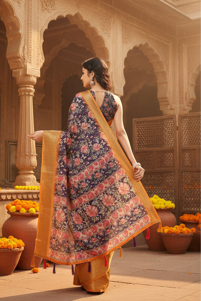 Women's Cotton Silk Floral Printed Saree With Unstitched Blouse 5.5Mtr (Purple)