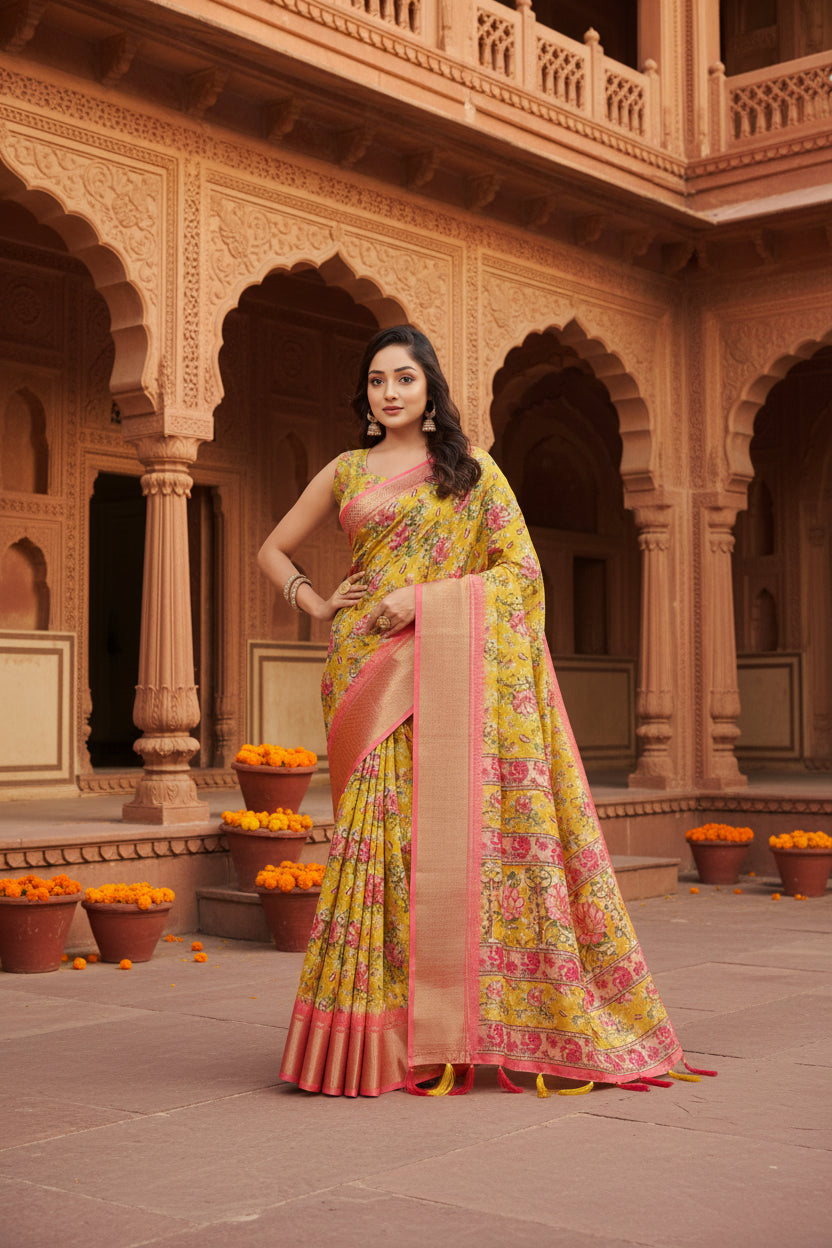 Women's Cotton Silk Floral Printed Saree With Unstitched Blouse 5.5Mtr (Yellow)