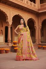 Load image into Gallery viewer, Women's Cotton Silk Floral Printed Saree With Unstitched Blouse 5.5Mtr (Yellow)
