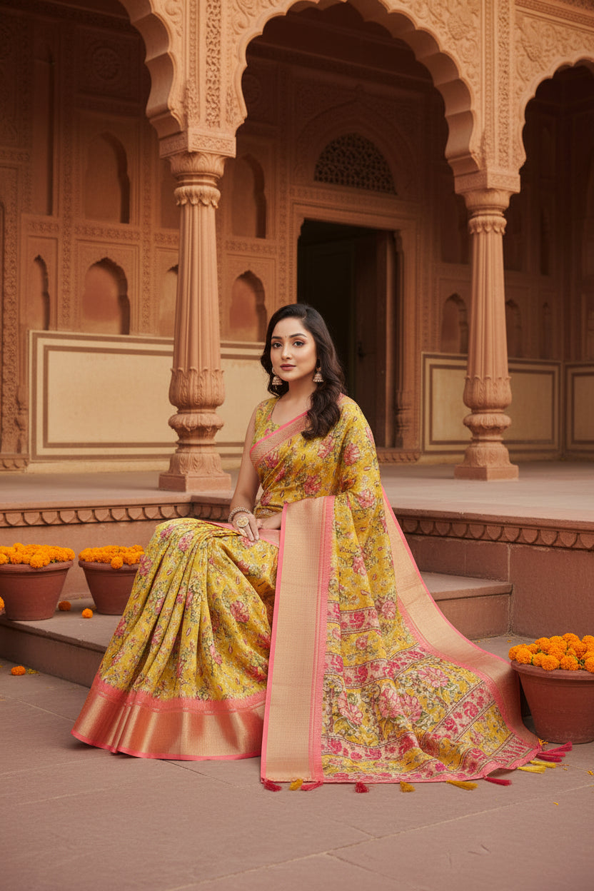 Women's Cotton Silk Floral Printed Saree With Unstitched Blouse 5.5Mtr (Yellow)