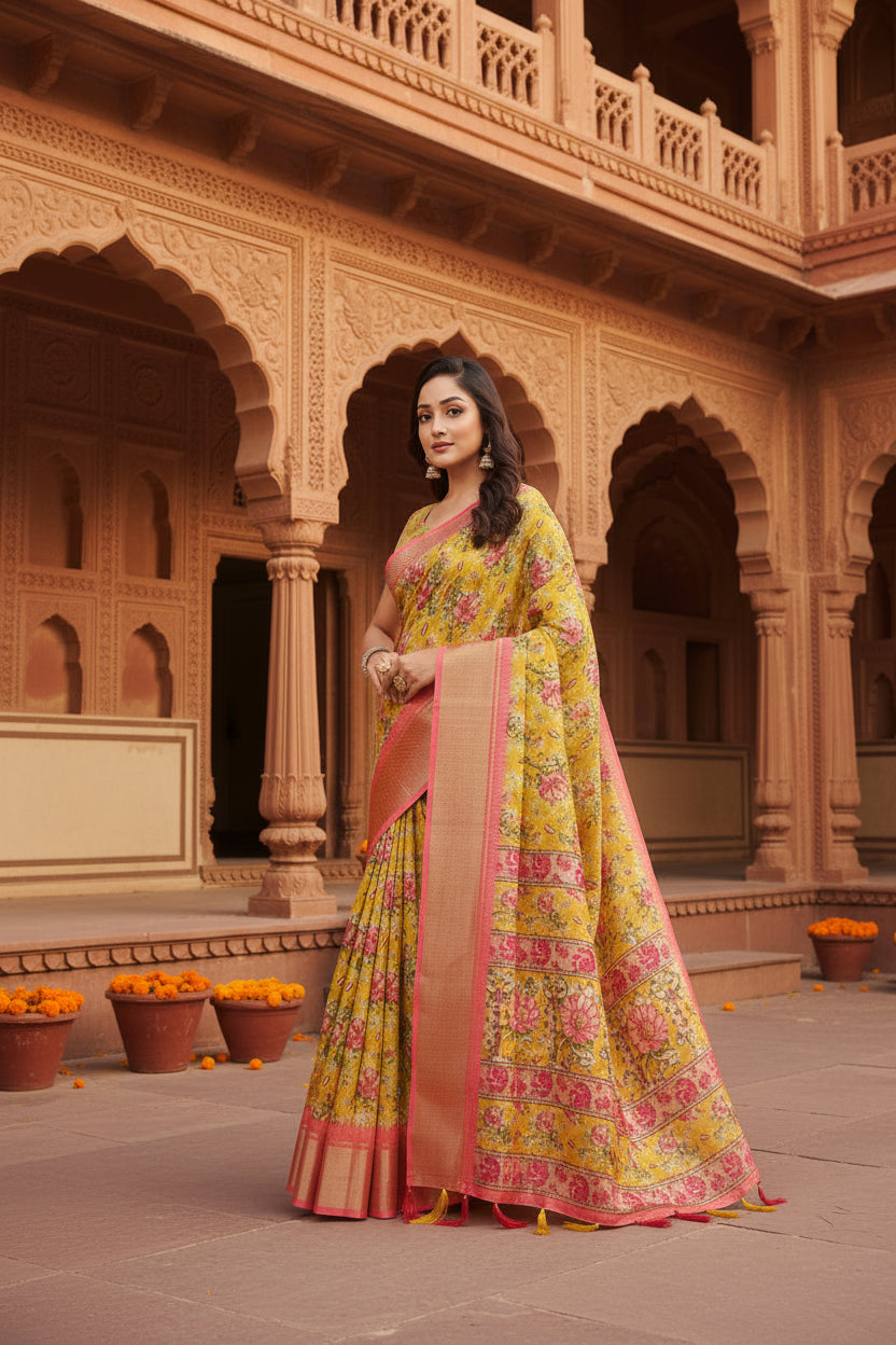Women's Cotton Silk Floral Printed Saree With Unstitched Blouse 5.5Mtr (Yellow)