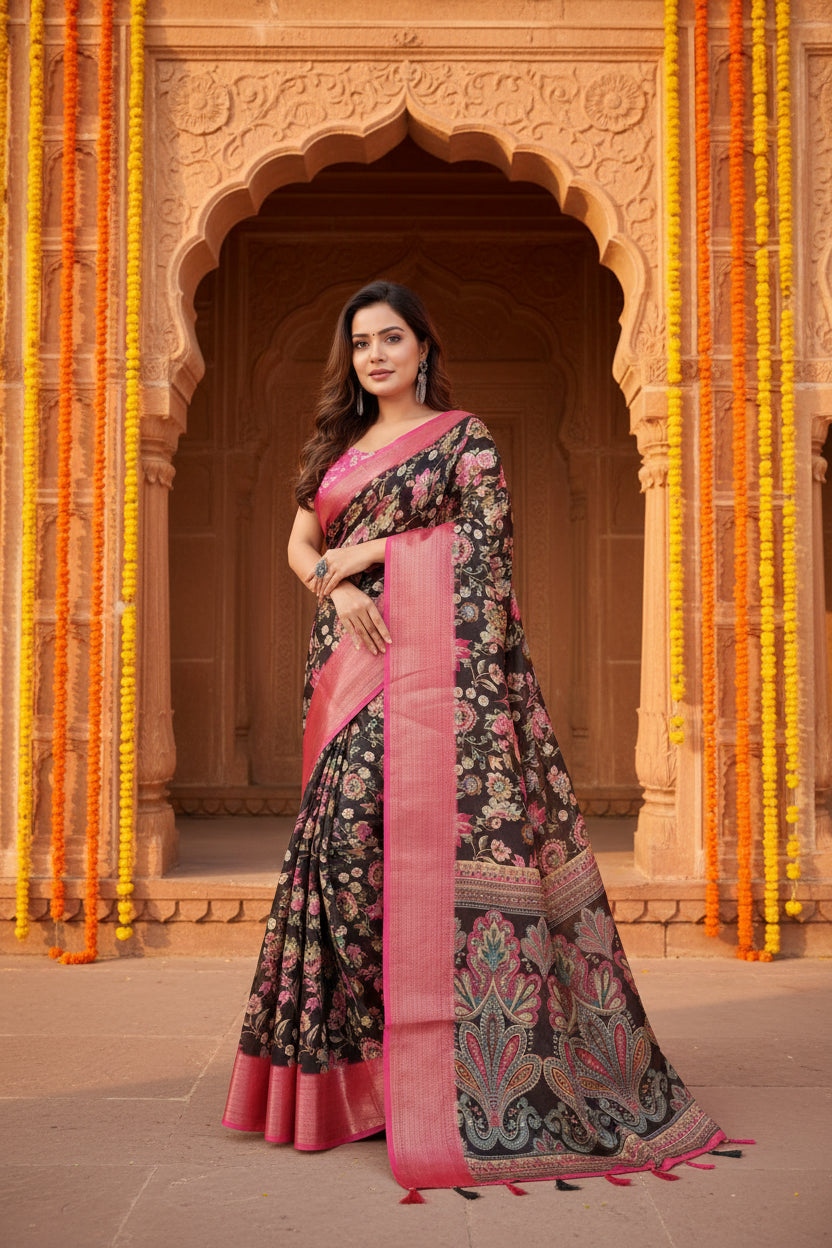 Women's Cotton Silk Floral Printed Saree With Unstitched Blouse 5.5Mtr (Multicolor)
