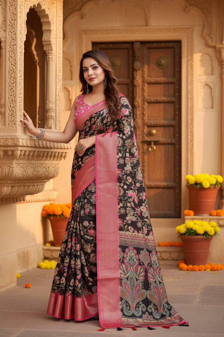 Women's Cotton Silk Floral Printed Saree With Unstitched Blouse 5.5Mtr (Multicolor)