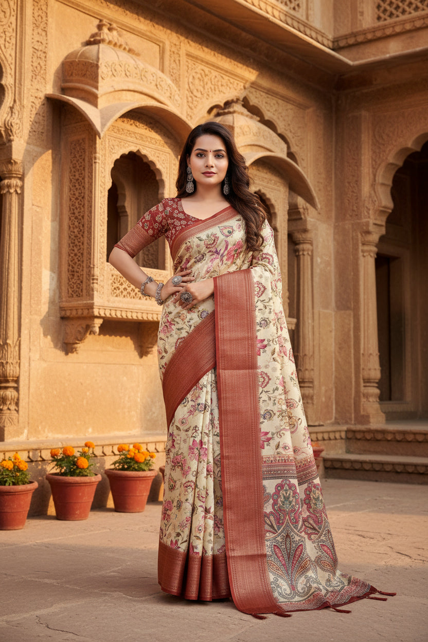 Women's Cotton Silk Floral Printed Saree With Unstitched Blouse 5.5Mtr (Gold-Brown)