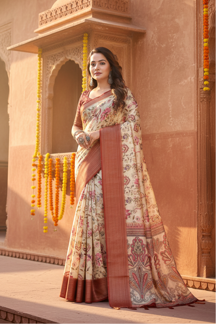 Women's Cotton Silk Floral Printed Saree With Unstitched Blouse 5.5Mtr (Gold-Brown)