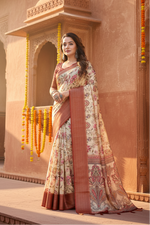 Load image into Gallery viewer, Women's Cotton Silk Floral Printed Saree With Unstitched Blouse 5.5Mtr (Gold-Brown)

