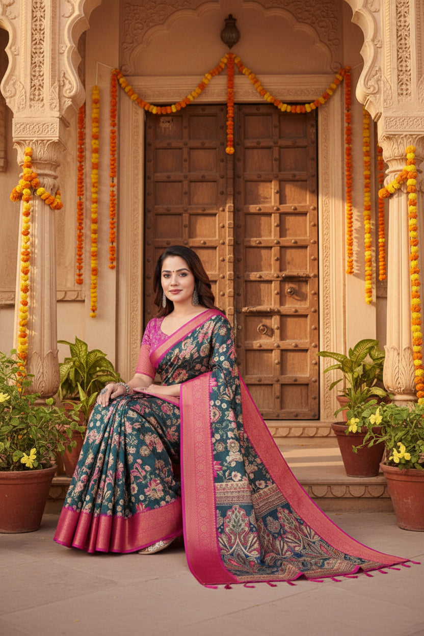 Women's Cotton Silk Floral Printed Saree With Unstitched Blouse 5.5Mtr (Green-Pink)