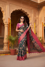 Load image into Gallery viewer, Women's Cotton Silk Floral Printed Saree With Unstitched Blouse 5.5Mtr (Green-Pink)
