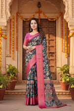 Load image into Gallery viewer, Women's Cotton Silk Floral Printed Saree With Unstitched Blouse 5.5Mtr (Green-Pink)
