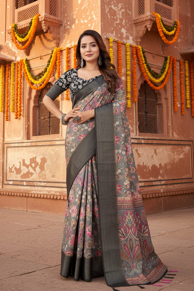 Pid 66592 women s cotton silk floral printed saree with unstitched blouse 5 5 mtr grey 2 1000x1000