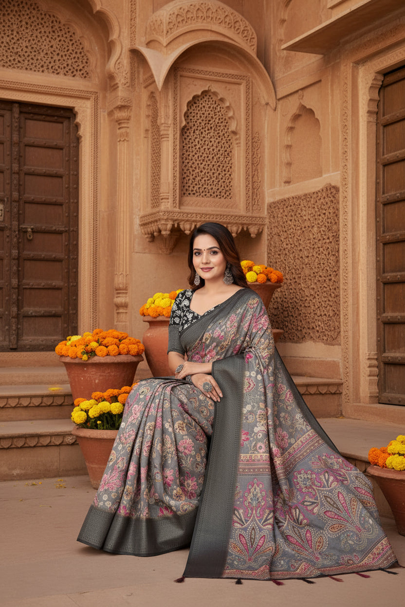 Women's Cotton Silk Floral Printed Saree With Unstitched Blouse 5.5Mtr (Grey-Black)