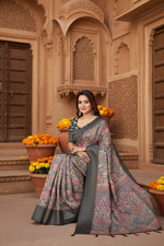Load image into Gallery viewer, Women's Cotton Silk Floral Printed Saree With Unstitched Blouse 5.5Mtr (Grey-Black)
