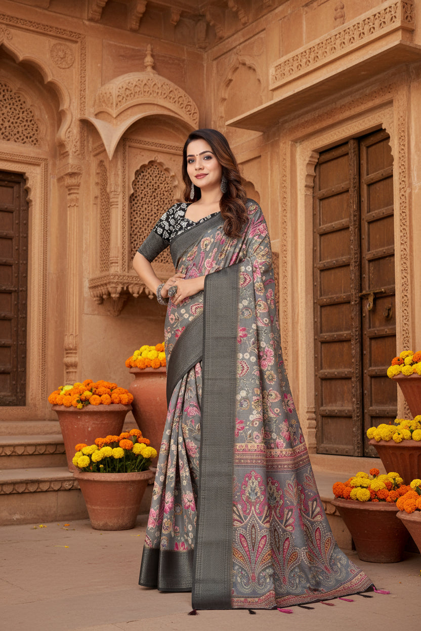 Women's cotton silk floral printed saree with unstitched blouse 5