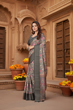 Load image into Gallery viewer, Women's Cotton Silk Floral Printed Saree With Unstitched Blouse 5.5Mtr (Grey-Black)

