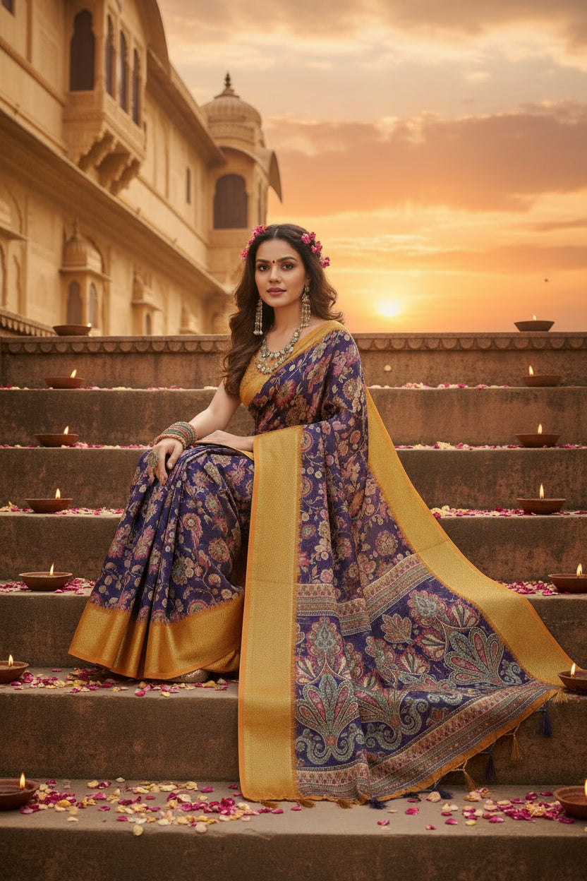 Women's Cotton Silk Floral Printed Saree With Unstitched Blouse 5.5Mtr (Multicolor)