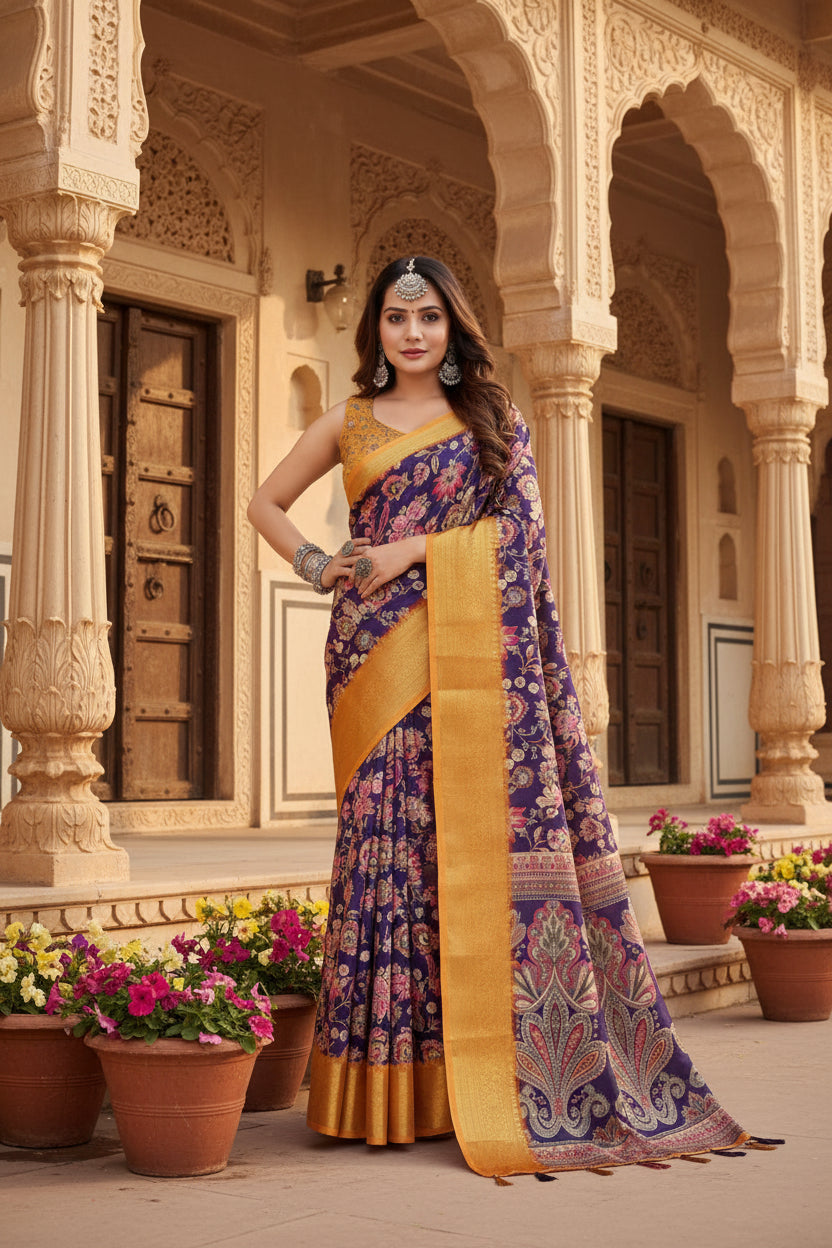 Women's Cotton Silk Floral Printed Saree With Unstitched Blouse 5.5Mtr (Multicolor)