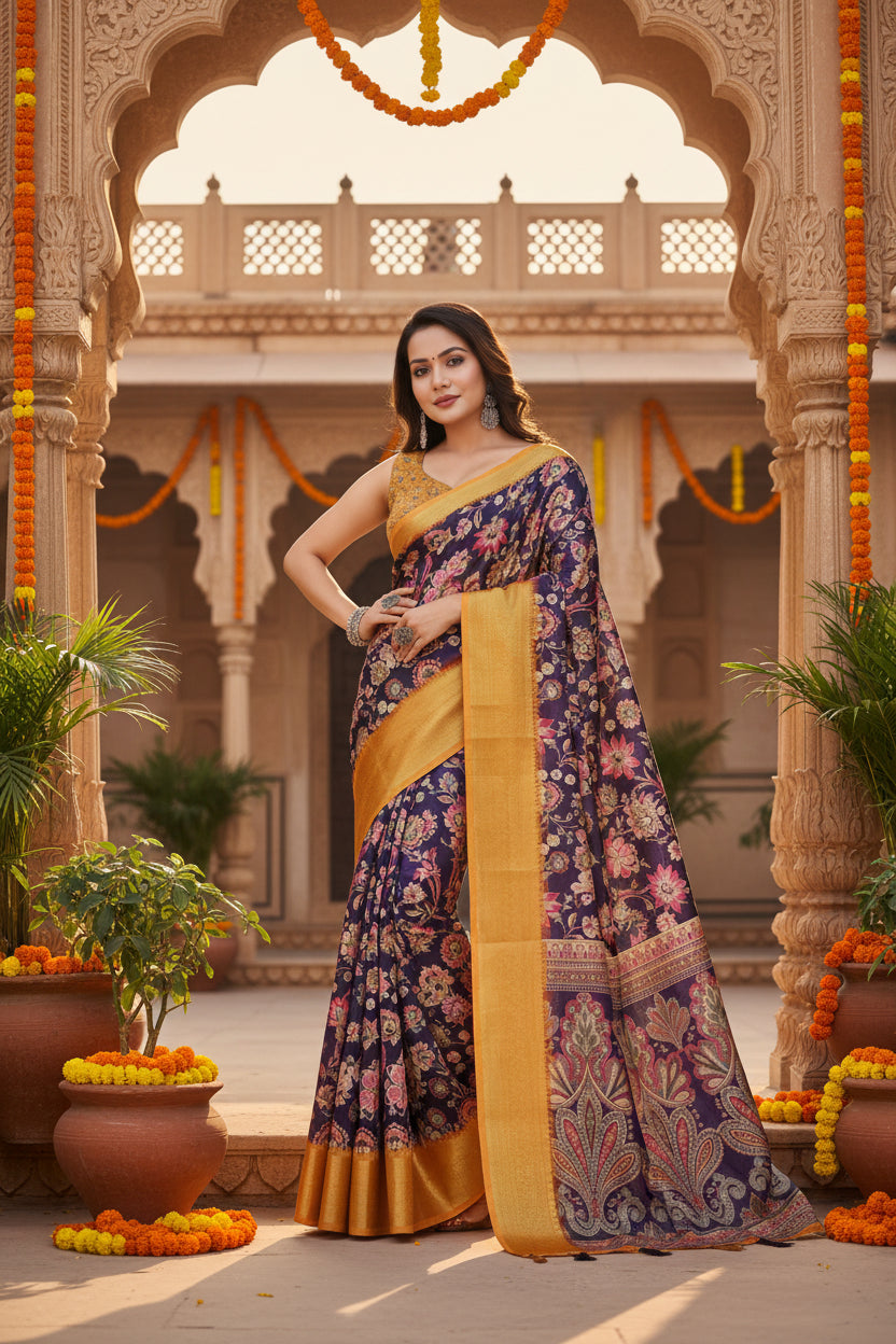 Women's Cotton Silk Floral Printed Saree With Unstitched Blouse 5.5Mtr (Multicolor)