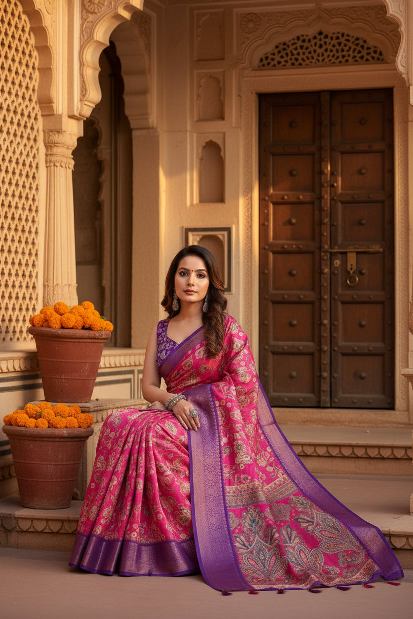 Women's Cotton Silk Floral Printed Saree With Unstitched Blouse 5.5Mtr (Pink-Purple)