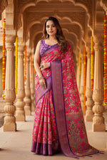 Load image into Gallery viewer, Women's Cotton Silk Floral Printed Saree With Unstitched Blouse 5.5Mtr (Pink-Purple)
