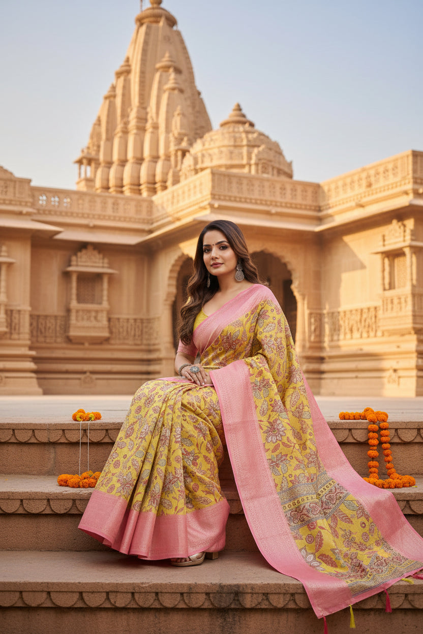 Women's Cotton Silk Floral Printed Saree With Unstitched Blouse 5.5Mtr (Multicolor)