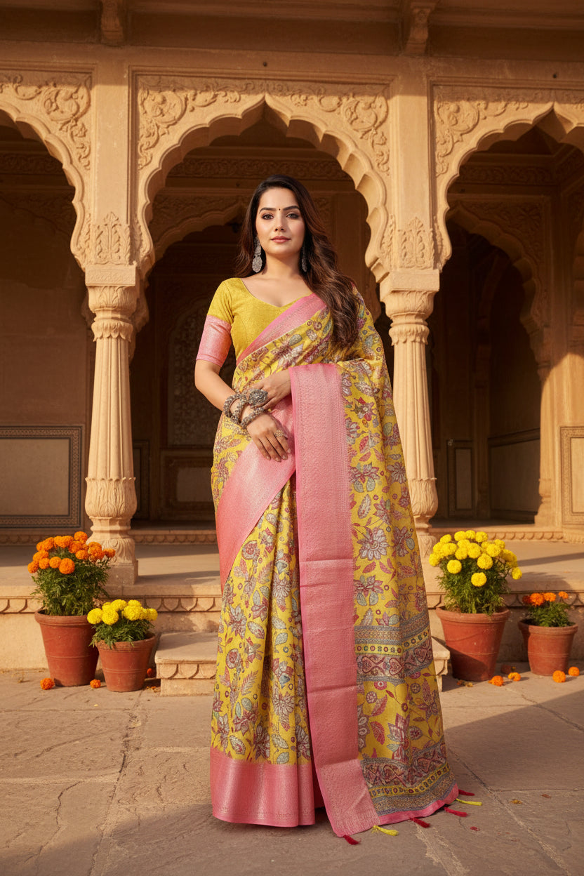 Women's Cotton Silk Floral Printed Saree With Unstitched Blouse 5.5Mtr (Multicolor)