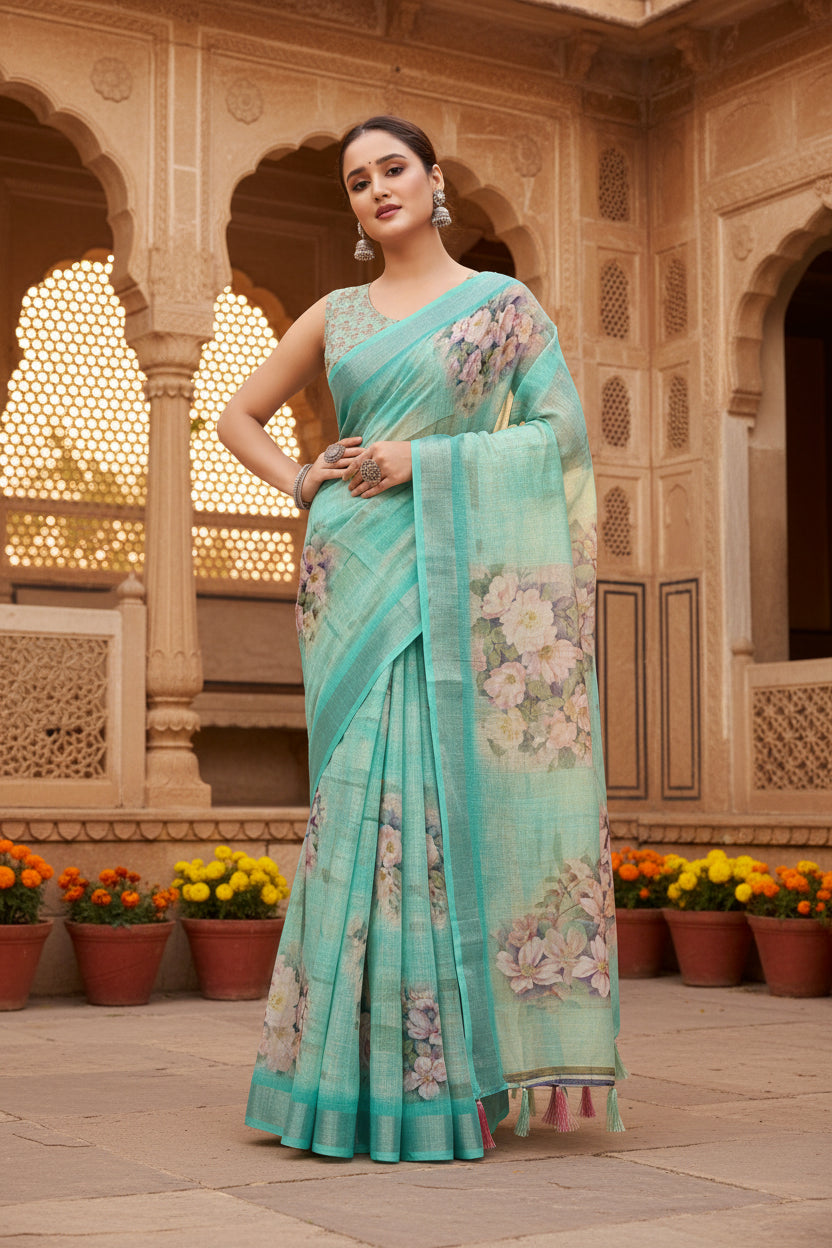 Women's cotton silk floral printed saree with unstitched blouse 5