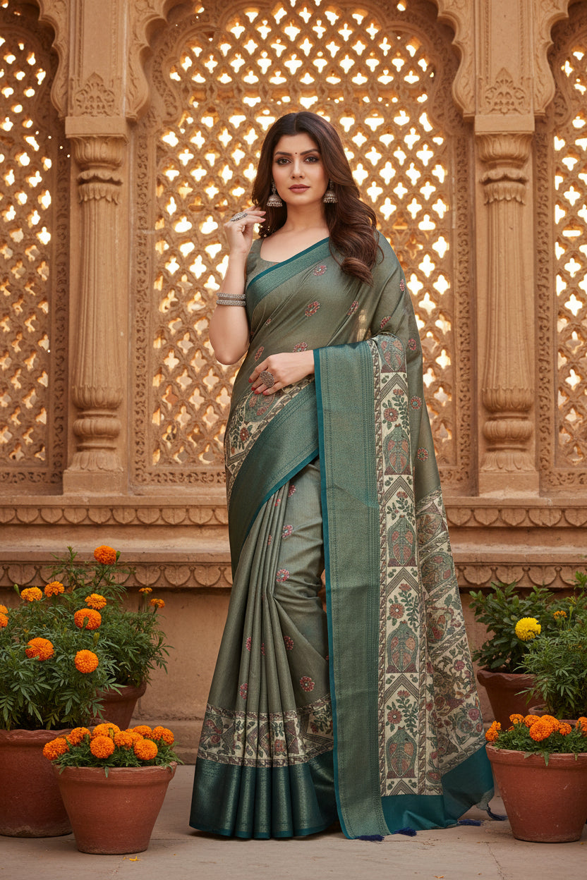 Women's Cotton Silk Printed Saree With Unstitched Blouse 5.5Mtr (Multicolor)