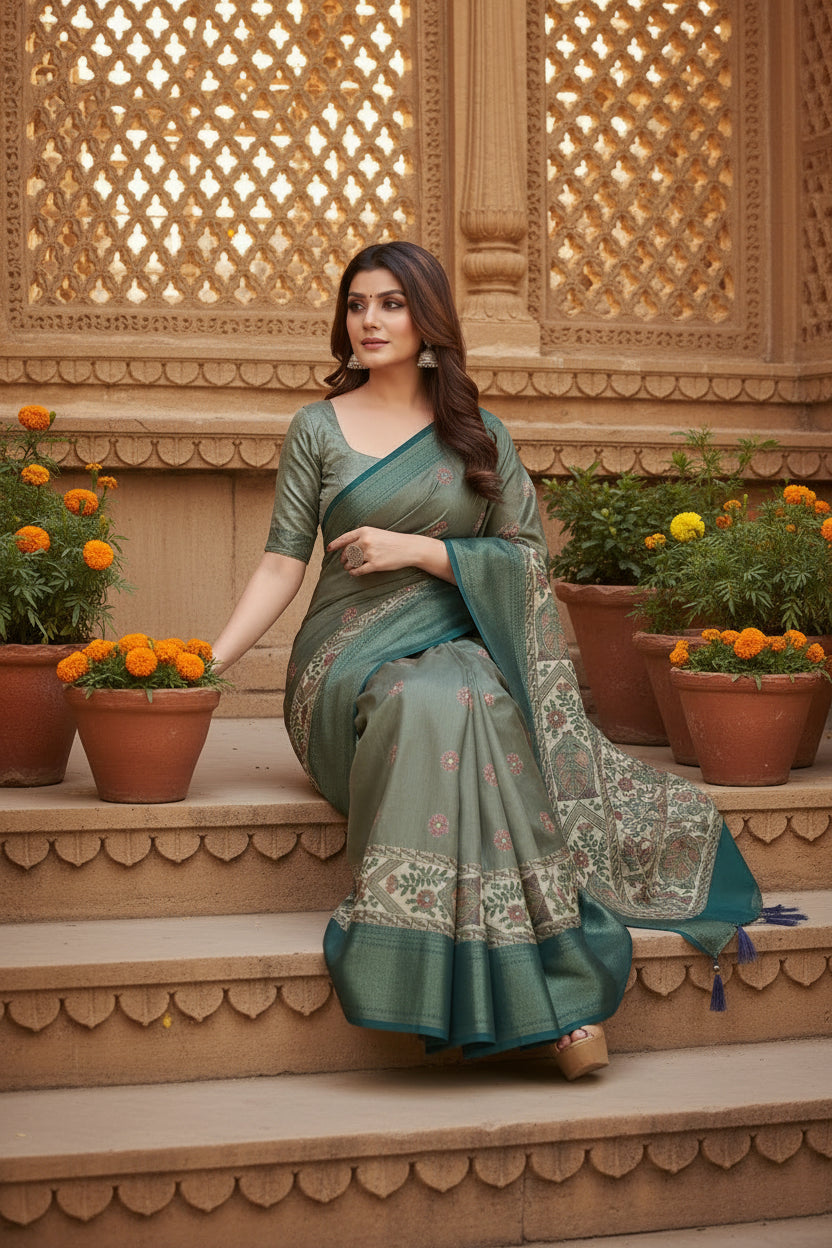 Women's Cotton Silk Printed Saree With Unstitched Blouse 5.5Mtr (Multicolor)