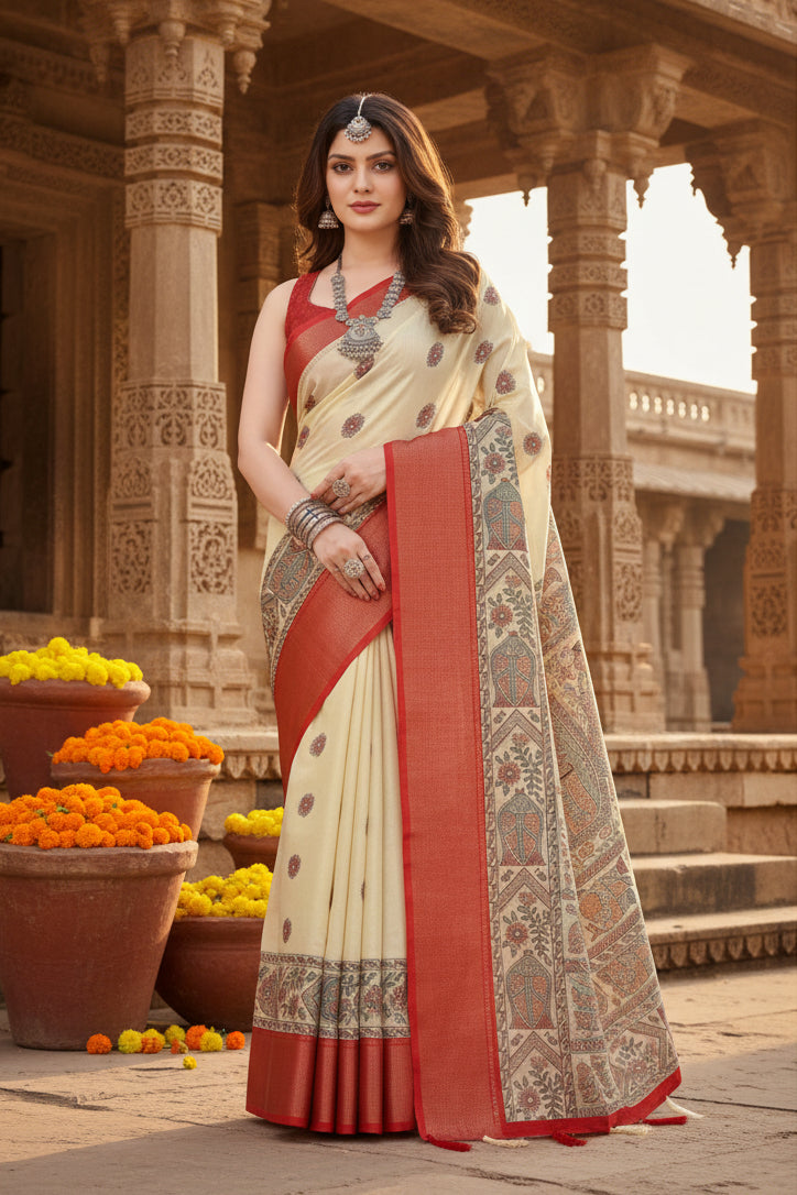 Women's Cotton Silk Printed Saree With Unstitched Blouse 5.5Mtr (Cream)
