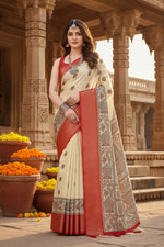 Load image into Gallery viewer, Women's Cotton Silk Printed Saree With Unstitched Blouse 5.5Mtr (Cream)
