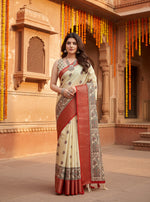 Load image into Gallery viewer, Women's Cotton Silk Printed Saree With Unstitched Blouse 5.5Mtr (Cream)
