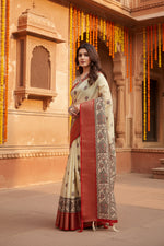 Load image into Gallery viewer, Women's Cotton Silk Printed Saree With Unstitched Blouse 5.5Mtr (Cream)

