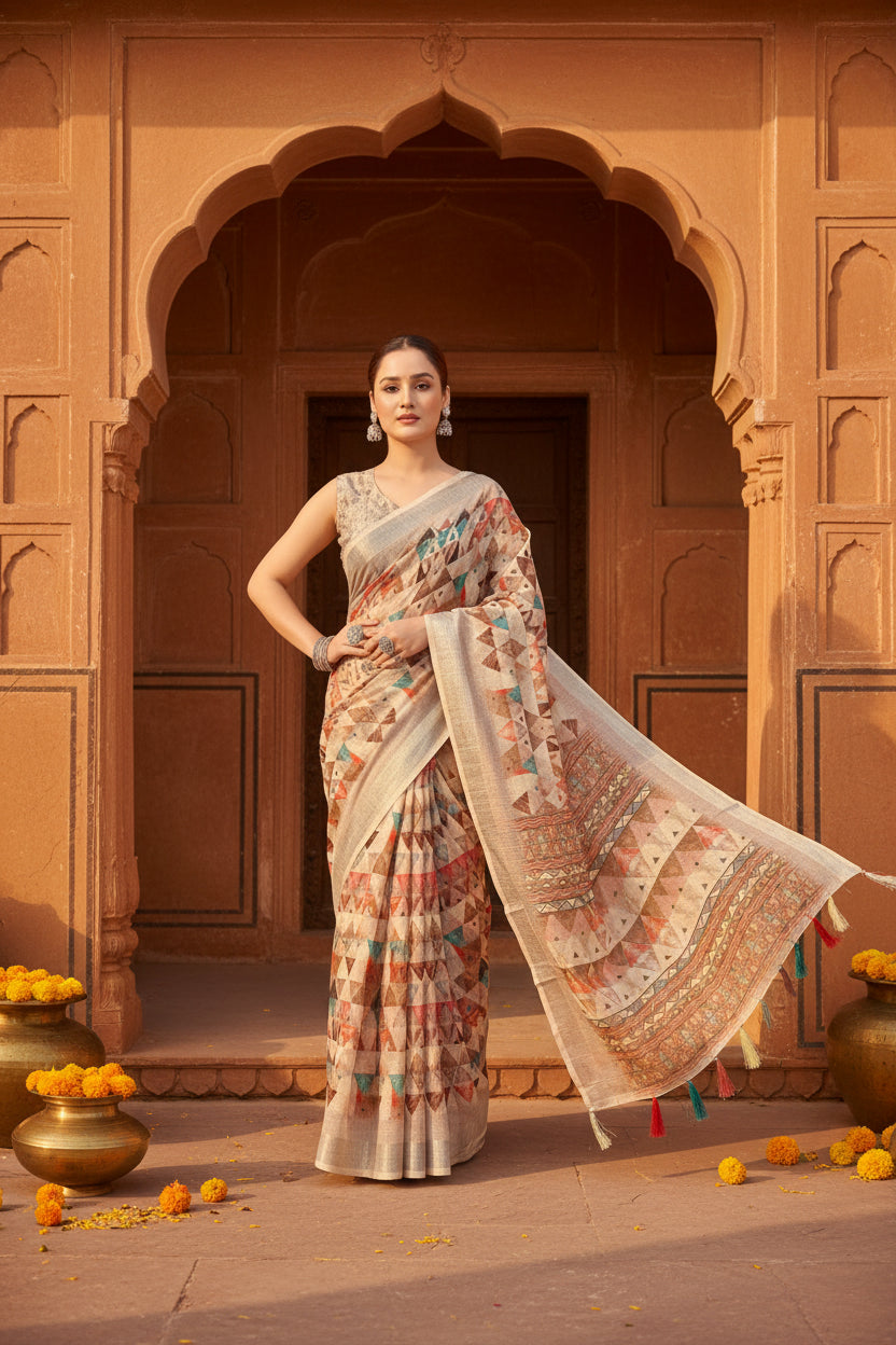 Women's Cotton Silk Printed Saree With Unstitched Blouse 5.5Mtr (Multicolor)