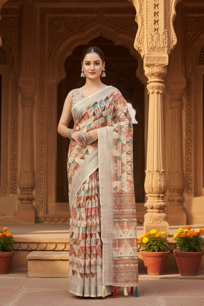 Women's Cotton Silk Printed Saree With Unstitched Blouse 5.5Mtr (Multicolor)