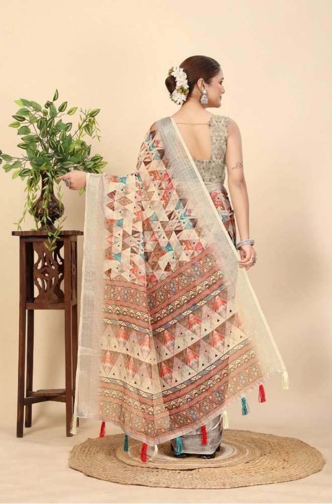 Women's Cotton Silk Printed Saree With Unstitched Blouse 5.5Mtr (Multicolor)