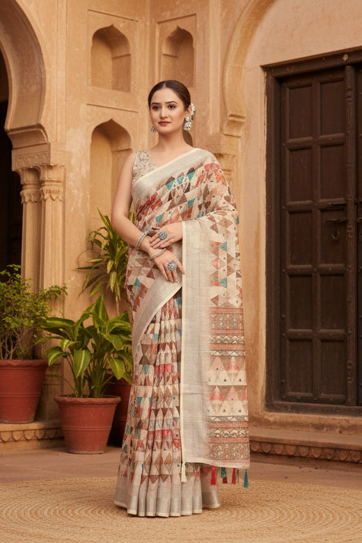 Women's Cotton Silk Printed Saree With Unstitched Blouse 5.5Mtr (Multicolor)
