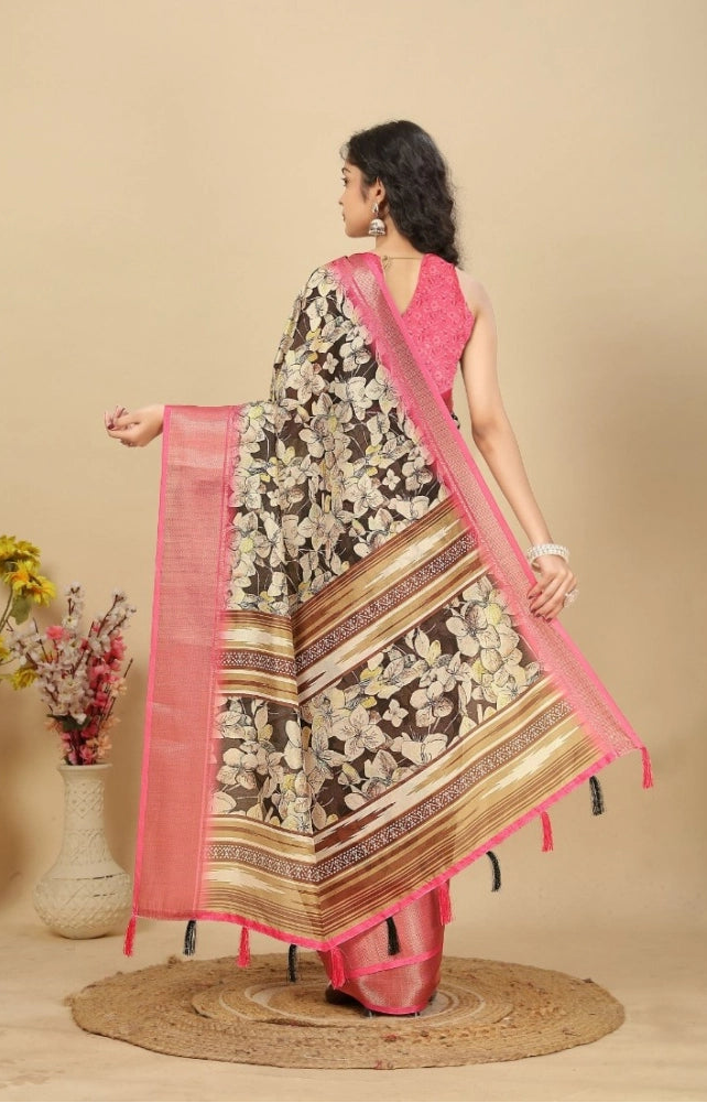 Women's Cotton Silk Floral Printed Saree With Unstitched Blouse 5.5Mtr (Black)