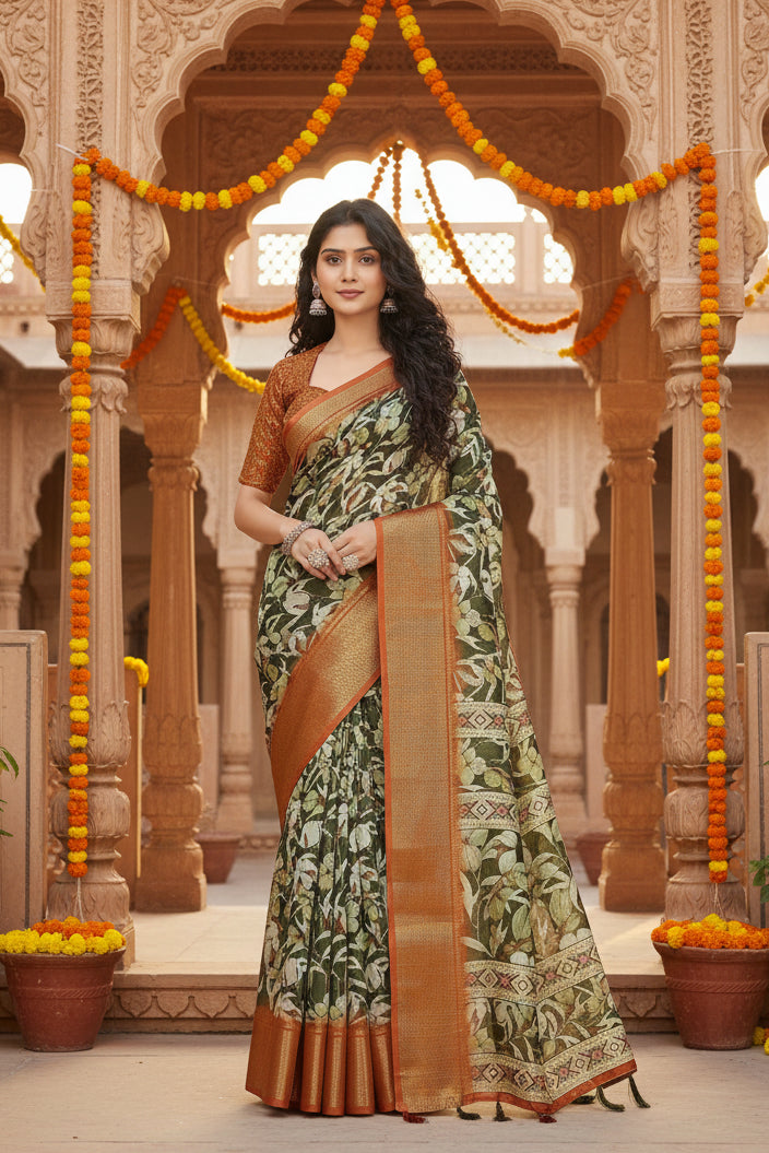 Women's Cotton Silk Floral Printed Saree With Unstitched Blouse 5.5Mtr (Multicolor)