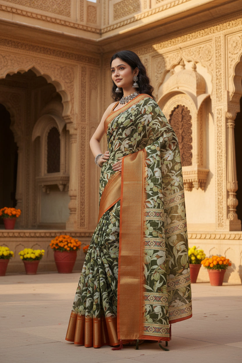 Women's Cotton Silk Floral Printed Saree With Unstitched Blouse 5.5Mtr (Multicolor)